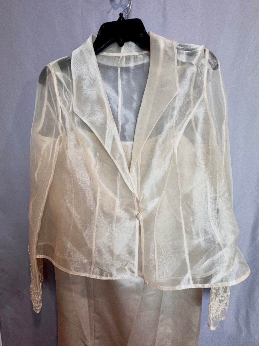 Alex Evenings Champagne Satin Beaded Cocktail Sheath & Sheer Jacket READ